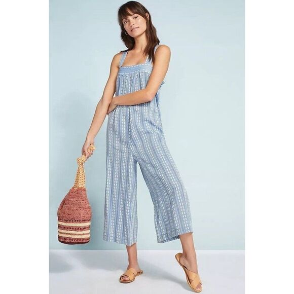 NEW ANTHROPOLOGIE X SEAFOLLY Sz S DOBBY STRIPED EMBROIDERED JUMPSUIT - Picture 1 of 3